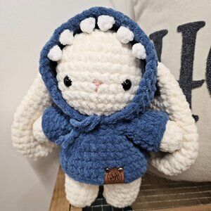 Handmade Crochet Long Floppy-Eared Bunny Plushie in Shark Hoodie – 8” Tall